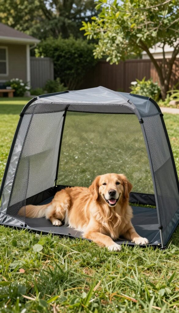 Golden retriever resting under a portable pop-up canopy with mesh sides on a sunny day