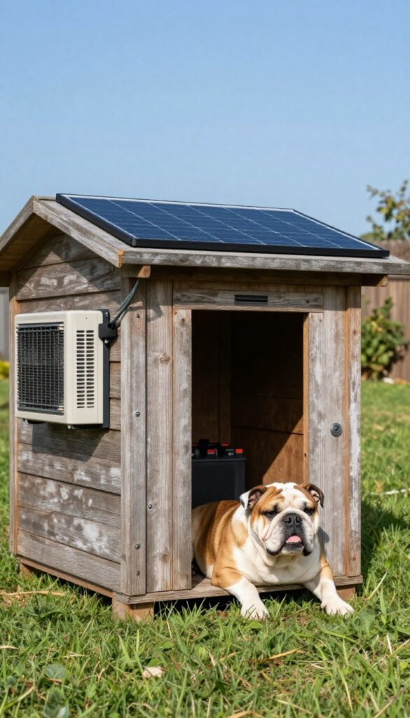 Solar-powered AC for off-grid dog house setup with solar panel, battery bank, and DC air conditioner.