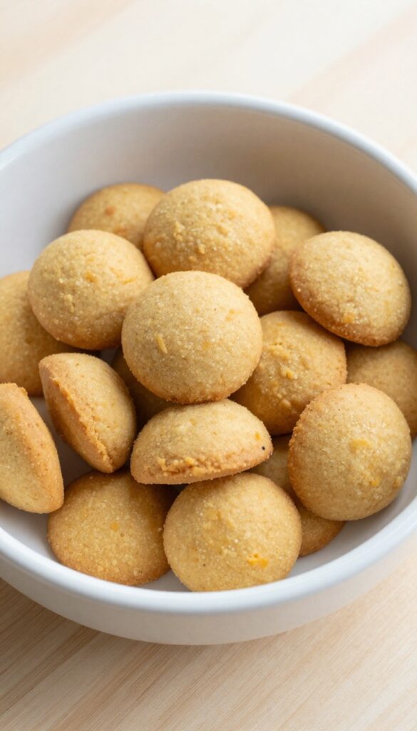 A bowl of soft baked sweet potato and pumpkin cookies for puppies, arranged on a plain wooden surface in bright natural light, showing homemade dog treats with a golden-brown finish and soft texture.
