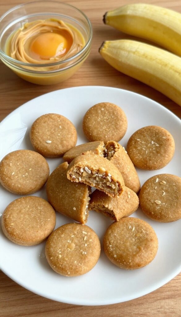 Homemade peanut butter oat crunch dog treats on a plain plate, with ingredients like oats, peanut butter, and banana in unlabeled bowls, showcasing a crunchy and soft texture for dogs.
