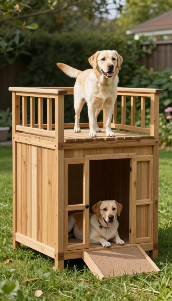 Two-story dog house with ramp in sunny backyard
