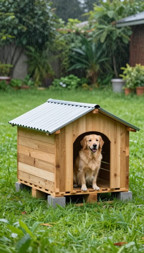 DIY pallet dog house with waterproof corrugated metal roof in a rainy backyard, raised on concrete blocks, with a golden retriever sitting outside.