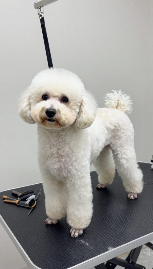A poodle with a practical pet trim in a home grooming setup, showcasing an even coat length for everyday life.
