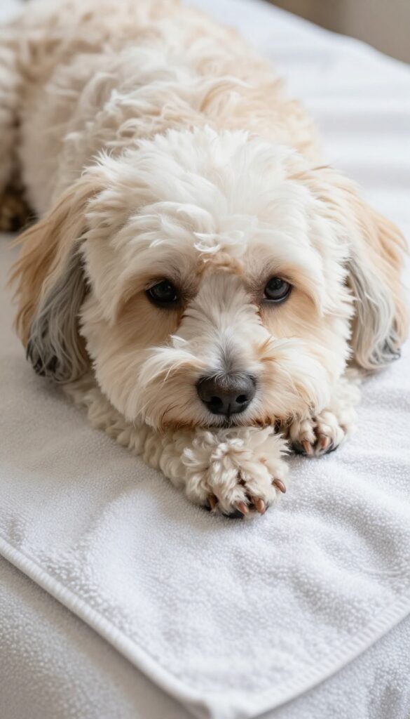 Close-up of a dog's paw with trimmed hair between the pads, showcasing grooming care for cleanliness and comfort.