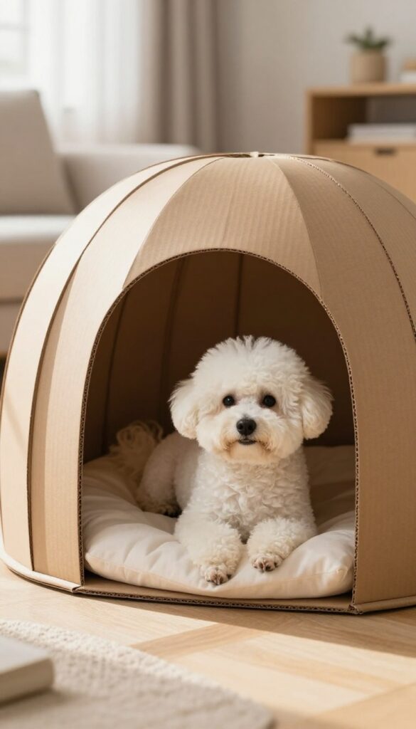 Small dog sleeping in a cardboard igloo dog house in a sunny living room