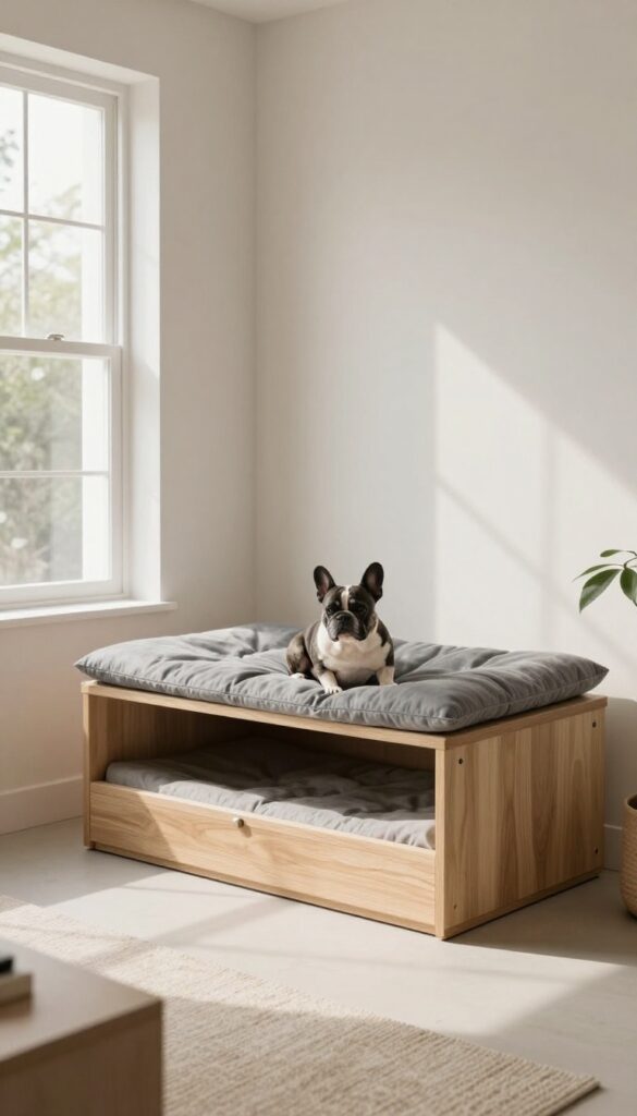 Modern minimalist indoor dog nook under console table with French Bulldog resting on gray cushion in bright living room