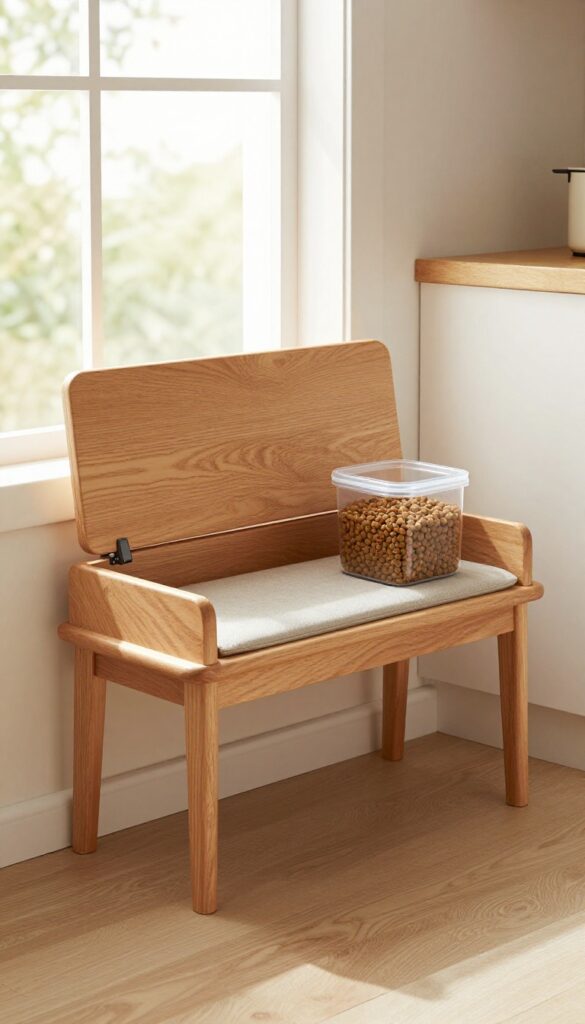 A wooden bench with built-in storage in a pantry entryway, showing an open compartment filled with dog food kibble in a sealed container under the seat cushion.