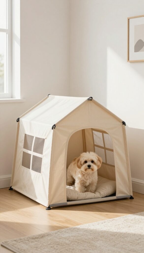 Pop-up fabric dog house in an apartment corner with a small dog peeking out