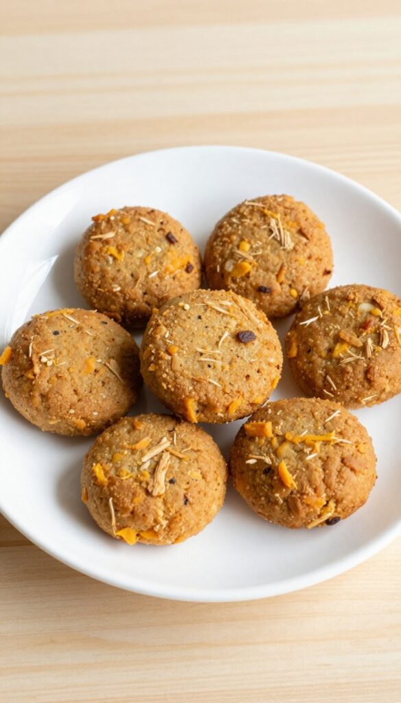 Homemade sweet potato and chicken mini patties for dogs, arranged on a plain white plate with a light wooden background, showcasing a soft, textured treat in bright natural light.