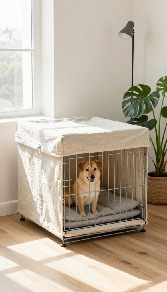 Modern minimalist wire dog crate with beige linen cover and rolled-up front flap in bright living room