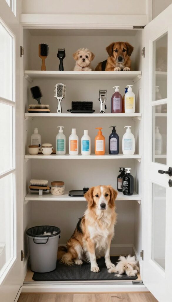 A compact closet transformed into a dog grooming station with shelves of supplies and a non-slip mat, showcasing an organized and cozy space for home grooming.