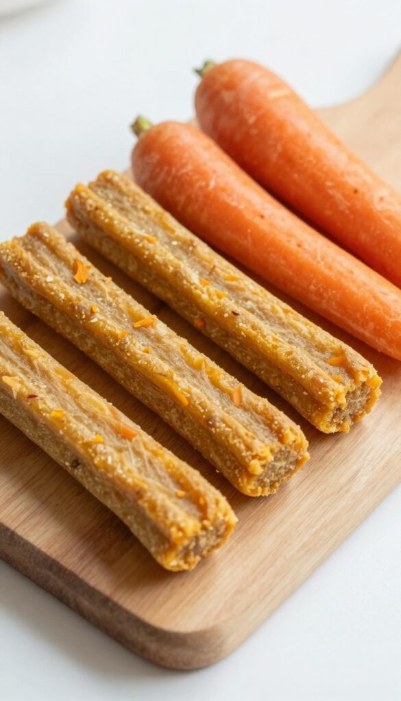Close-up of crunchy pumpkin carrot sticks for dogs, arranged on a plain wooden cutting board with natural lighting, highlighting homemade dog treat texture and shape.