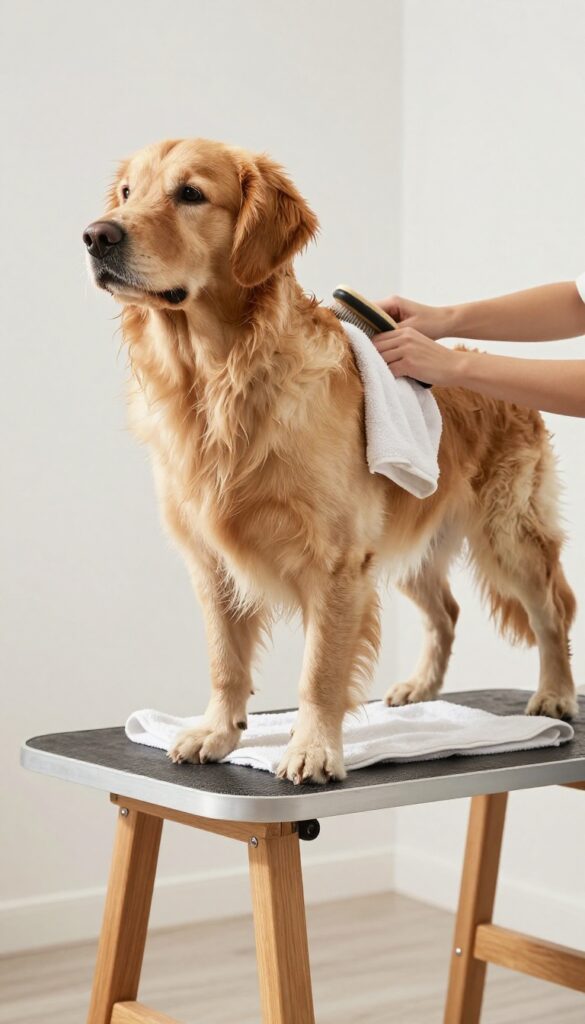 A medium-sized dog being groomed on an elevated table in a bright, tidy home setting, showcasing practical grooming control for dogs that dislike grooming.