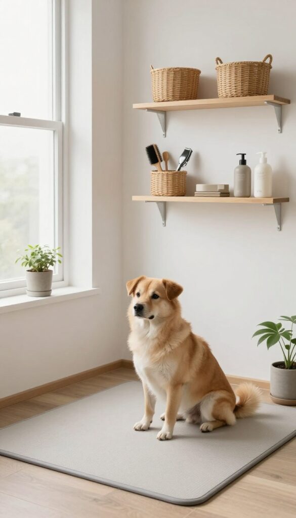 A serene Japanese-inspired dog grooming corner with a calm dog on a non-slip mat, organized tools on shelves, and natural lighting.
