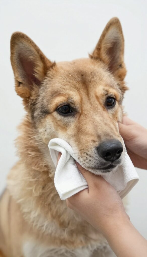 A poodle's face being gently cleaned with a damp cloth during grooming, showing calm handling and removal of debris around the eyes and muzzle.