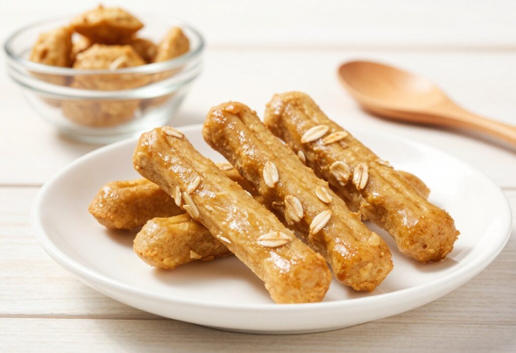 Soft homemade banana oat dog treats arranged on a white plate with a wooden spoon and bowl, representing gentle recipes for puppies and senior dogs.