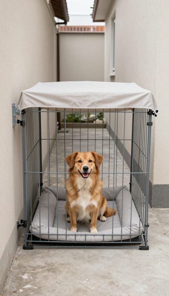 Portable exercise pen attached to house wall in side yard with dog resting inside on cot