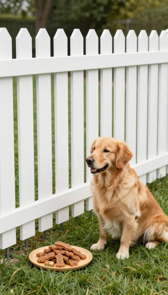 White vinyl picket no-dig fence with dog and homemade dog treats on grass