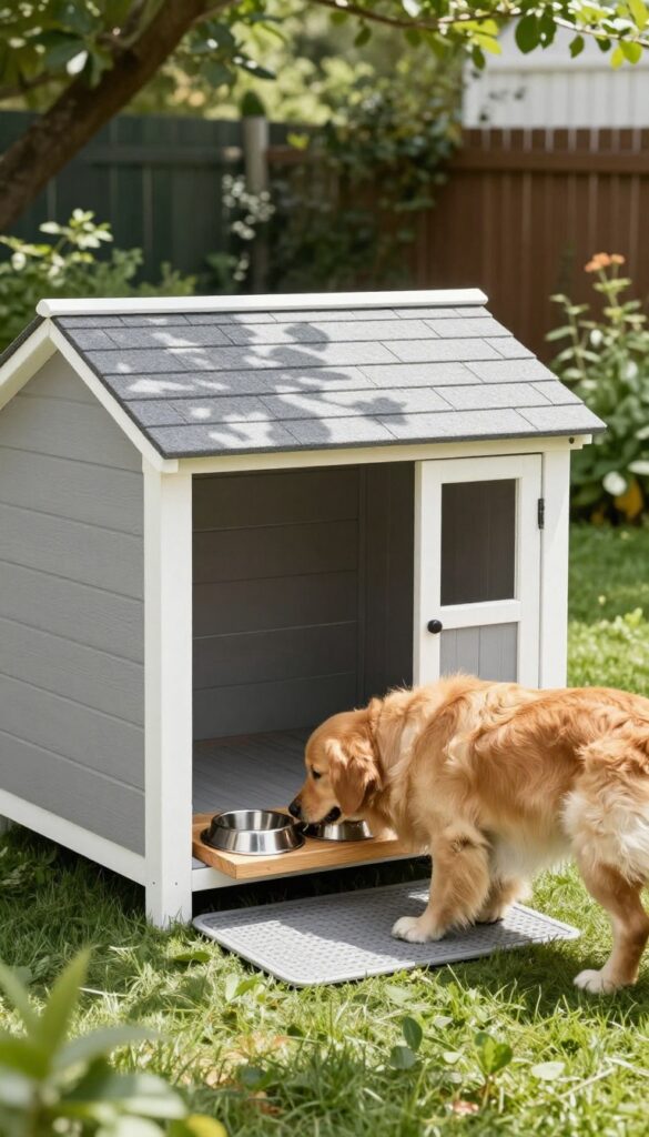 Dog house with built-in feeding station and golden retriever eating outdoors