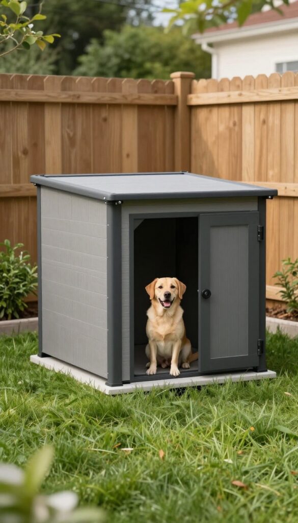 Modern climate-controlled smart dog house with HVAC unit in sunny backyard, dog at entrance