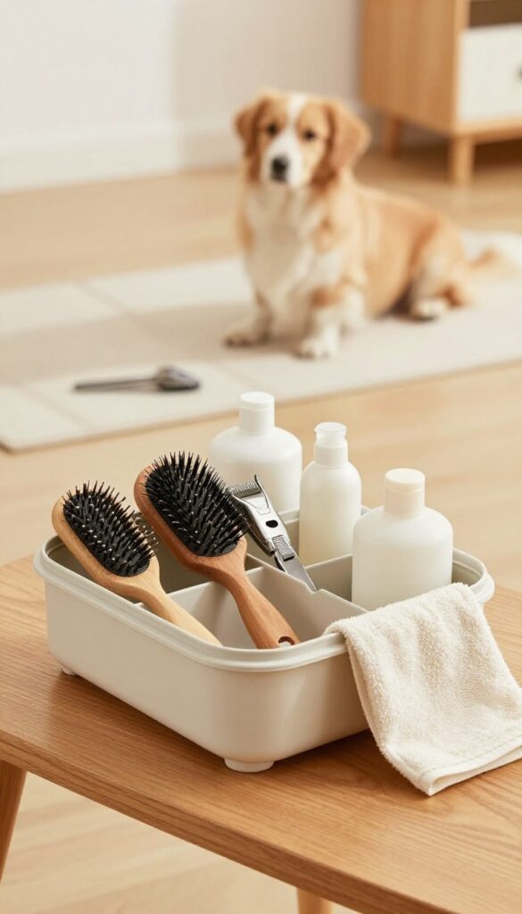An organized dog grooming caddy with tools on a table, with a calm dog in the background, illustrating neat storage for easier grooming sessions.
