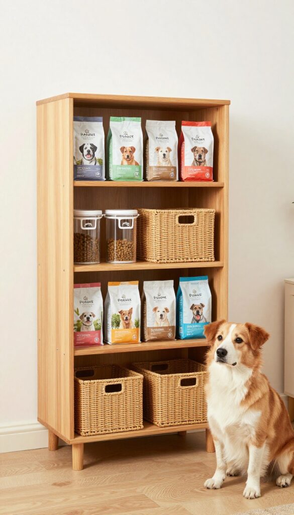 A converted bookshelf serving as a chic dog food storage station in a small space, with baskets and containers for organized pet food storage.