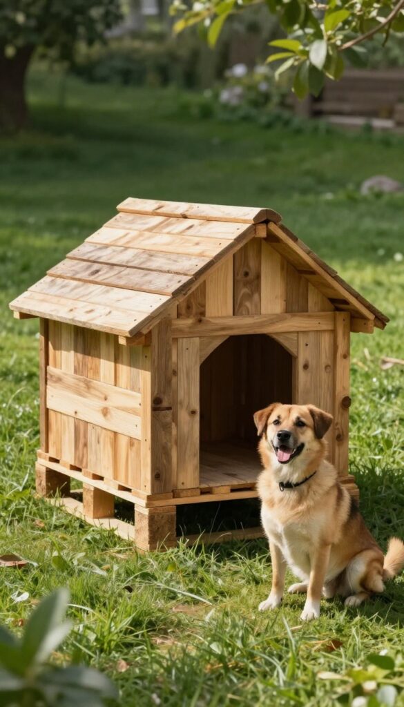 Rustic upcycled pallet dog house in a sunny backyard with a dog sitting beside it.