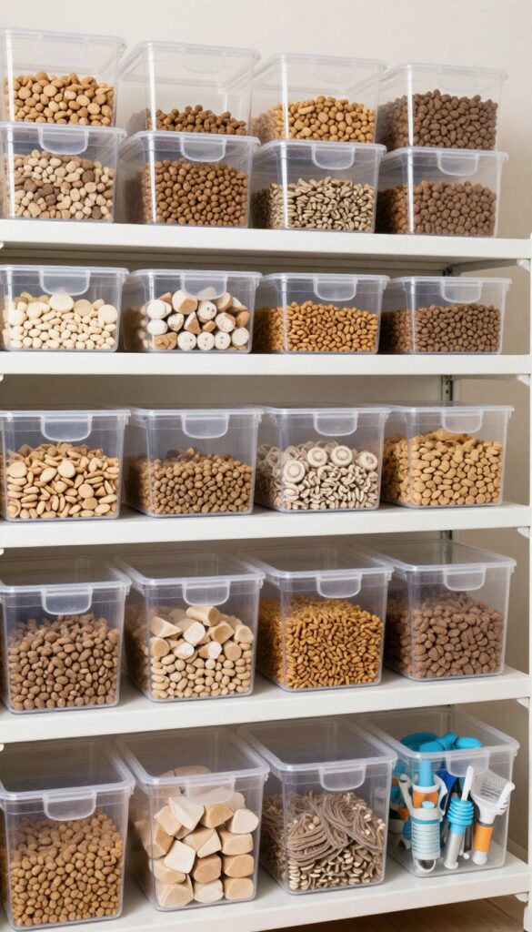 Clear plastic bins filled with dog food on a pantry shelf for organized storage