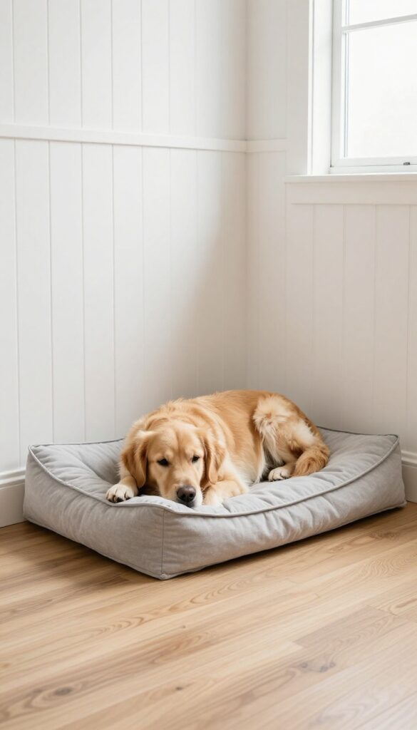 Cozy under stairs dog nook with washable vinyl floor and wall panels, featuring a golden retriever resting on a removable cushion.