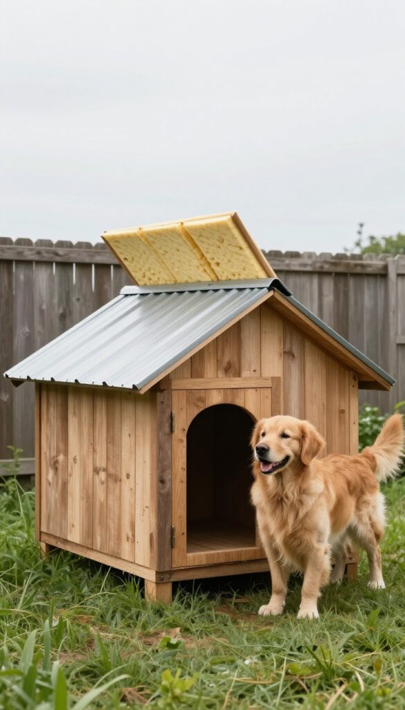 Insulated dog house with removable roof in a rustic yard, featuring foam panels and weatherproof siding