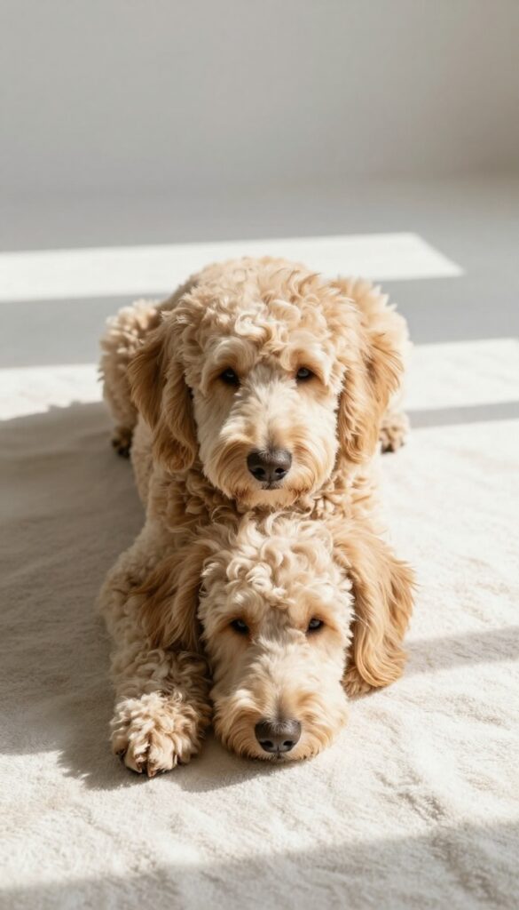 A female Goldendoodle with a belly shave for hygiene and comfort, lying relaxed in natural light to illustrate the benefits of this haircut for reducing stains and overheating.