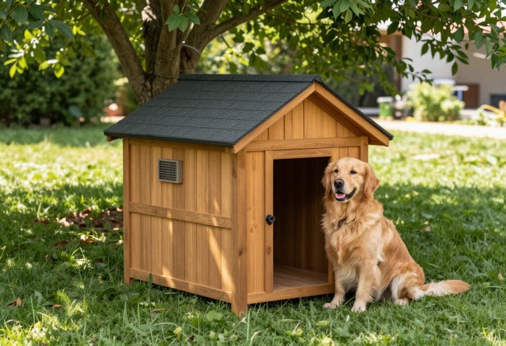 A wooden dog house with an air conditioning unit in a sunny backyard, with a golden retriever sitting nearby.