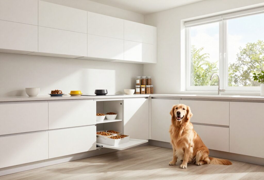 A golden retriever in a modern kitchen with organized dog food storage in white cabinets.