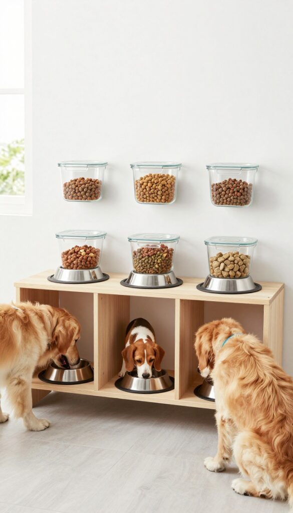 Multi-dog feeding bar with individual compartments and labeled storage bins, two dogs eating from separate bowls in a bright, clean kitchen.
