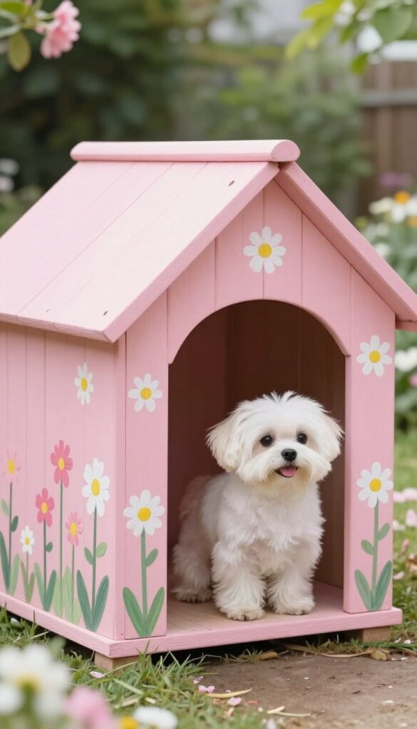 Pastel pink dog house with floral accents in a garden setting