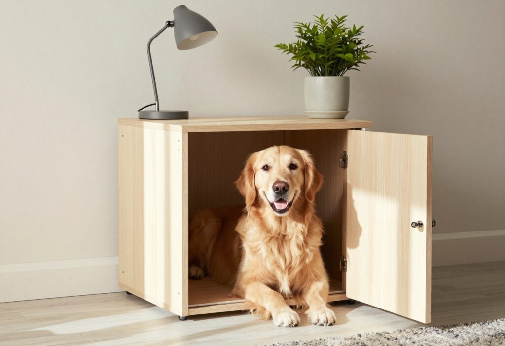 Modern wooden dog crate styled as a side table in a living room with a golden retriever inside.