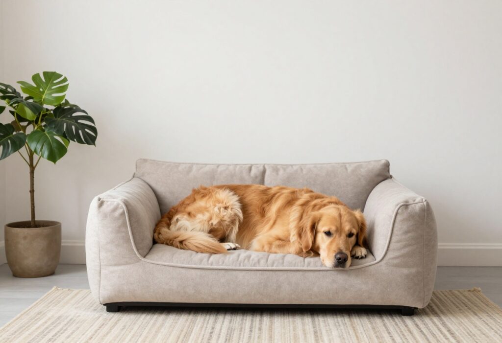 Golden retriever sleeping on a cozy cave-style dog bed in a modern living room