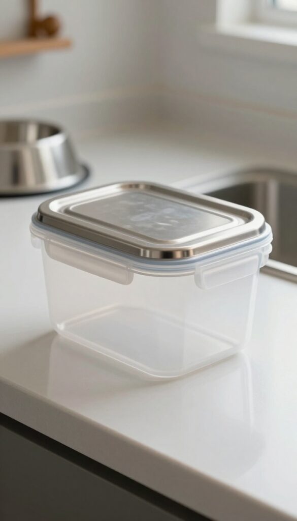 A stylish airtight container with a sealed lid for dog food storage in a bright kitchen setting