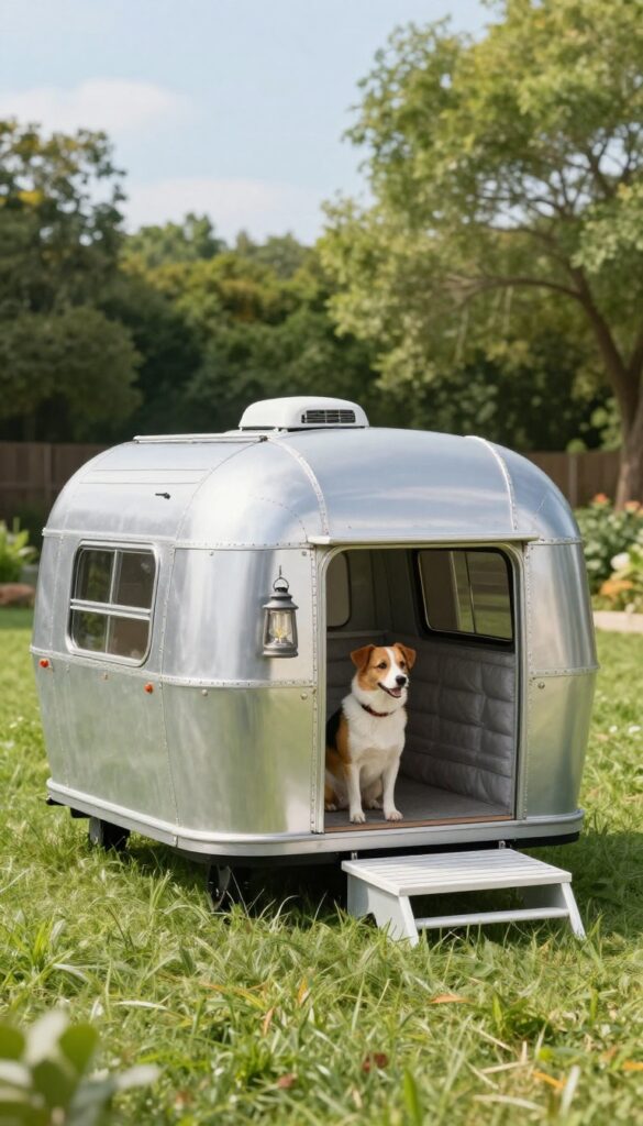 Retro trailer-style dog house with chrome accents and small porch in a sunny backyard