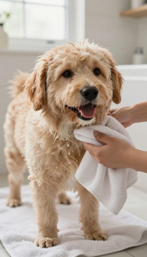 A dog being gently dried with a towel after a bath in a bright bathroom setting