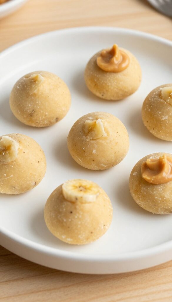 Close-up of homemade peanut butter banana frozen dog treats on a plain white plate, showing creamy texture with banana and peanut butter specks, set against a light wooden background in natural light.
