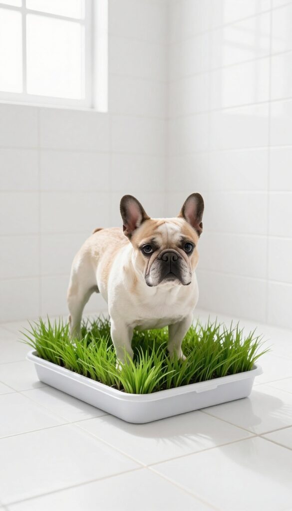 Small dog standing on indoor potty tray with artificial grass in a bathroom corner