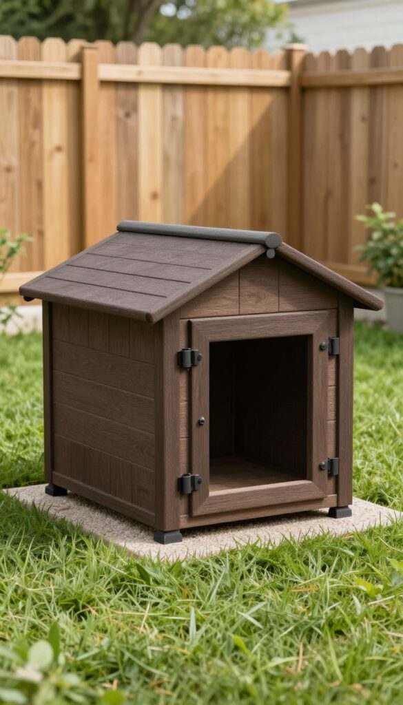 Weatherproof dog house made of heavy-duty materials sitting on a gravel base in a sunny backyard