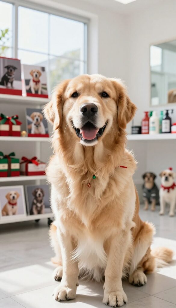 A golden retriever with holiday-themed trim in a bright grooming salon, showcasing seasonal specials to attract clients for dog grooming shops.