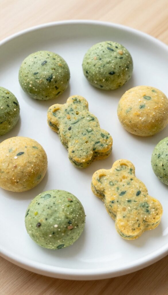 Homemade egg and spinach dog treats on a plain white plate, showcasing soft, fluffy snacks with visible spinach bits, arranged neatly on a clean wooden background for a dog recipe blog.