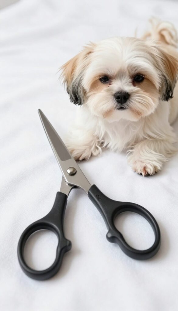 Safety-tip grooming scissors with rounded ends placed near a small dog's face in natural light, illustrating safe trimming for sensitive areas like eyes and ears.
