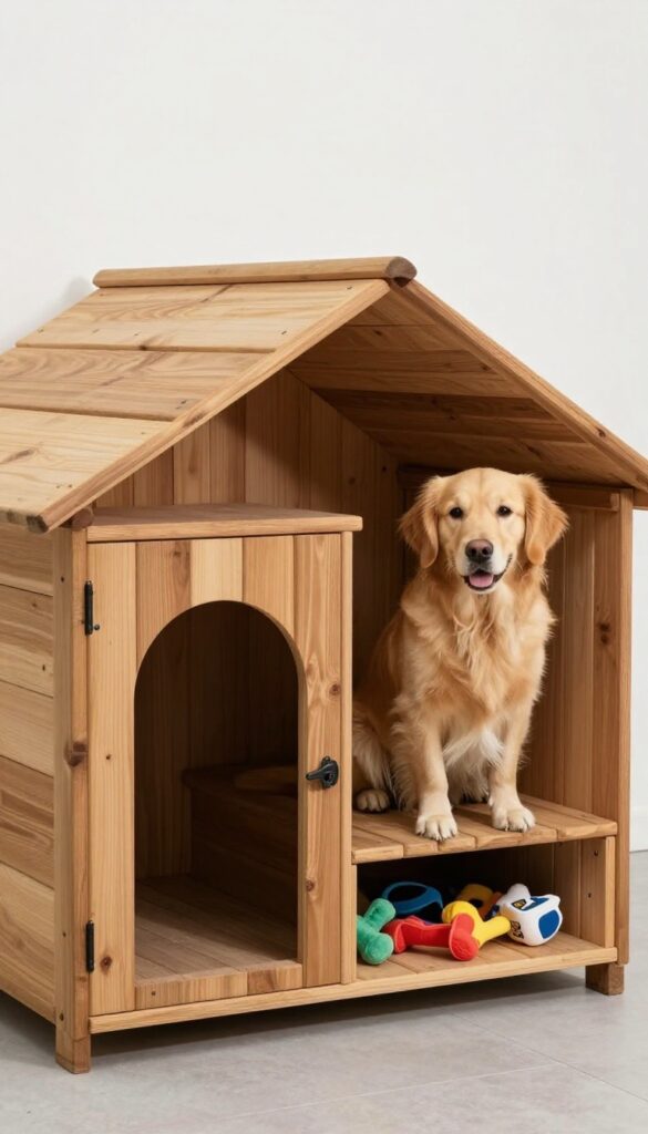 Wooden dog house with built-in storage bench in a sunny backyard