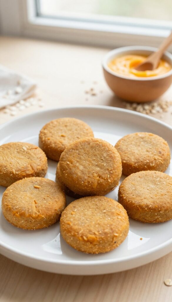 Homemade pumpkin oat soft bites for dogs, arranged on a white plate with preparation ingredients nearby, in bright natural light.