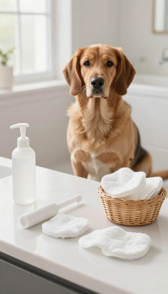 A Basset Hound sitting calmly next to a small basket containing ear cleaner and cotton pads on a bathroom counter, showcasing dog grooming tools for ear care in natural light.
