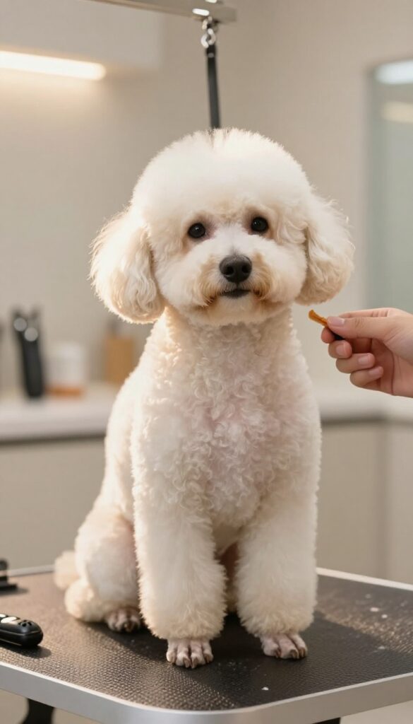 A puppy receiving its first grooming session in a calm, well-lit shop to build positive associations.